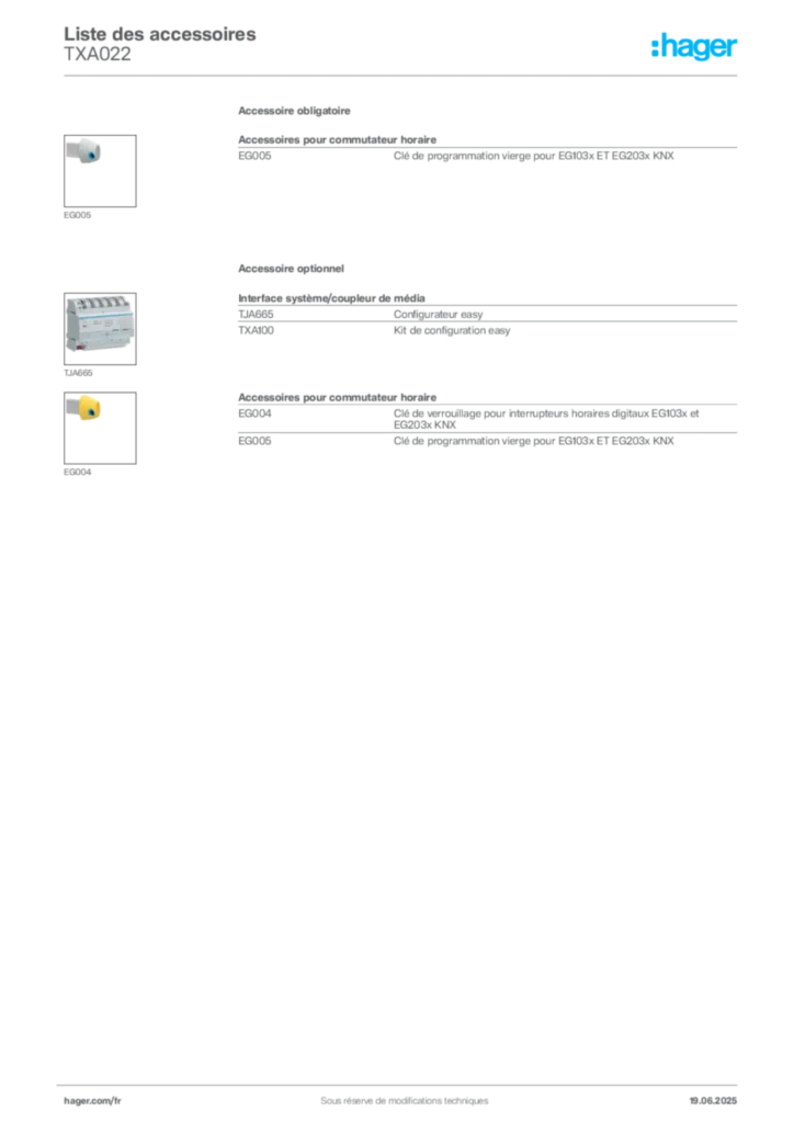 Image Hager Fiche technique du produit TXA022 | Hager France