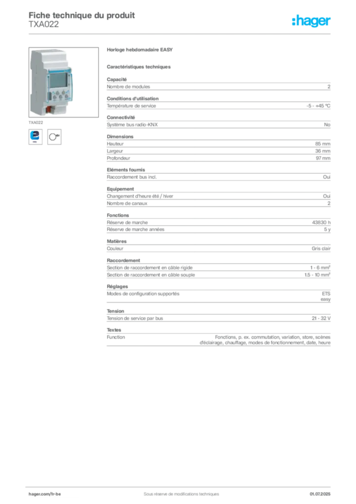 Image Hager Fiche technique du produit TXA022 | Hager Belgique