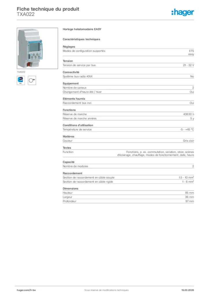 Image Hager Fiche technique du produit TXA022 | Hager Belgique