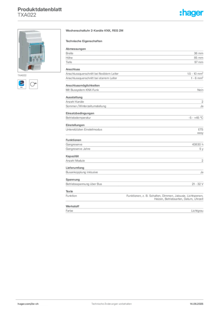 Bild Hager Produktdatenblatt TXA022 | Hager Schweiz