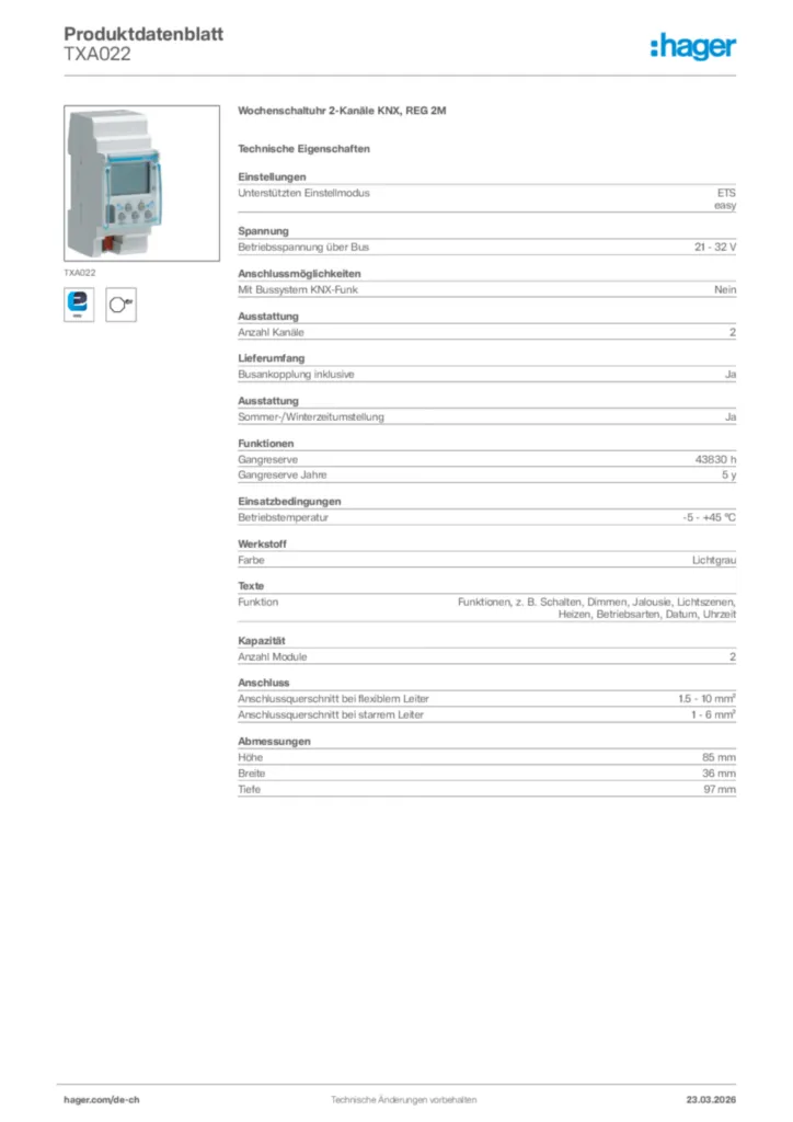 Bild Hager Produktdatenblatt TXA022 | Hager Schweiz
