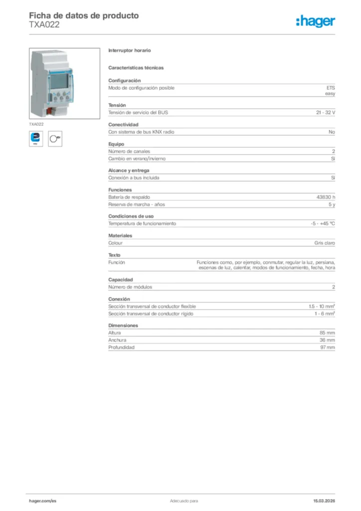 Imagen Hager Ficha de datos de producto TXA022 | Hager España