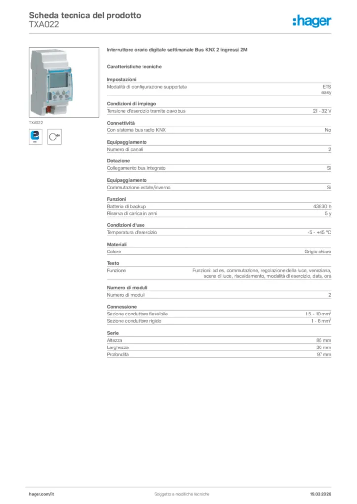 Immagine Hager Scheda tecnica del prodotto TXA022 | Hager Italia