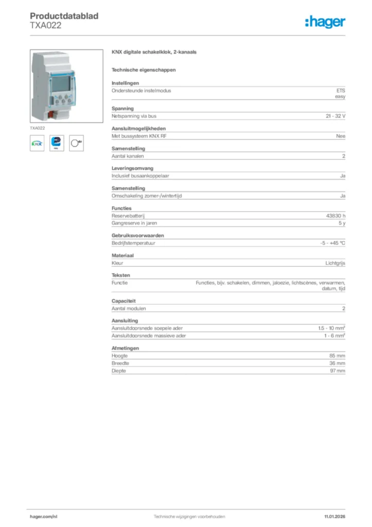 Afbeelding Hager Productdatablad TXA022 | Hager Nederland