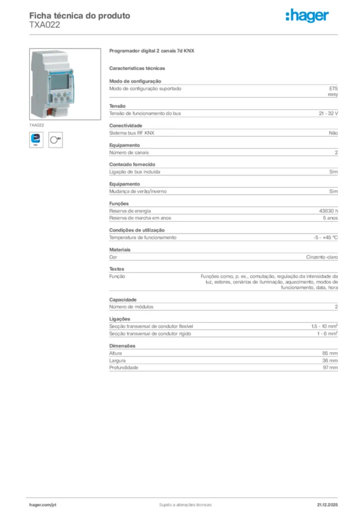 Imagem Hager Ficha técnica do produto TXA022 | Hager Portugal