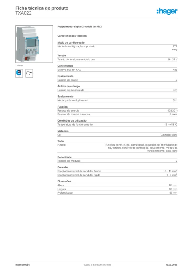 Imagem Hager Ficha técnica do produto TXA022 | Hager Portugal