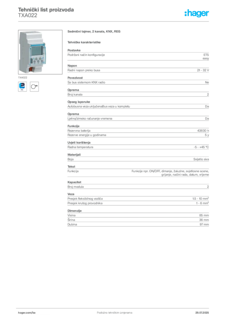 Slika Hager Product data sheet TXA022  | Hager
