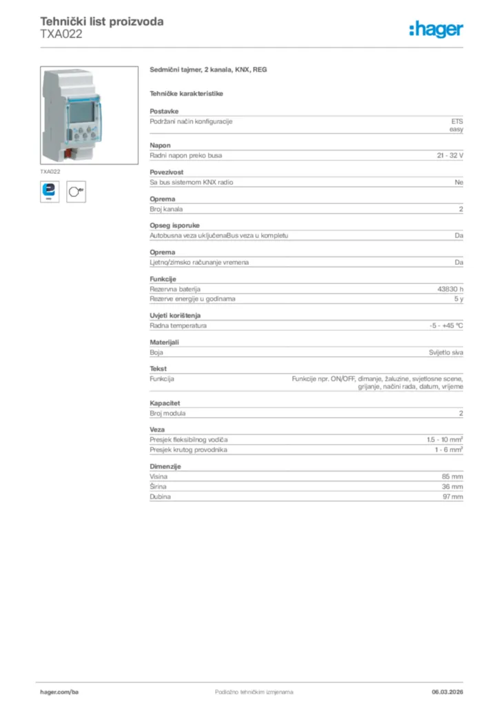 Slika Hager Tehnički list proizvoda TXA022  | Hager