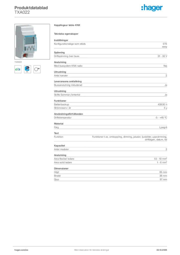 Bild Hager Produktdatablad TXA022 | Hager Sverige