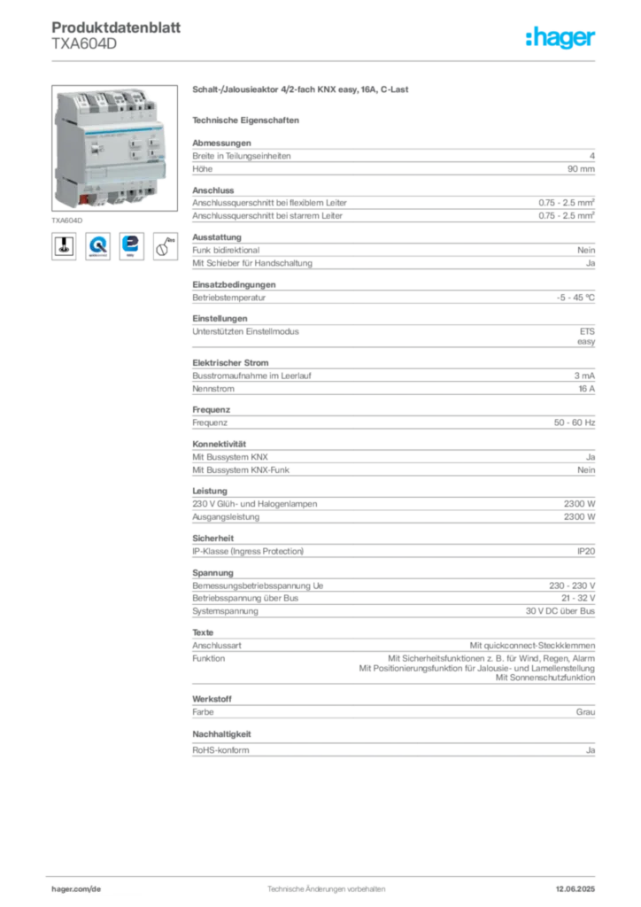 Hager Produktdatenblatt TXA604D