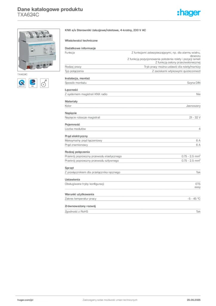 Zdjęcie Hager Dane katalogowe produktu TXA624C | Hager Polska
