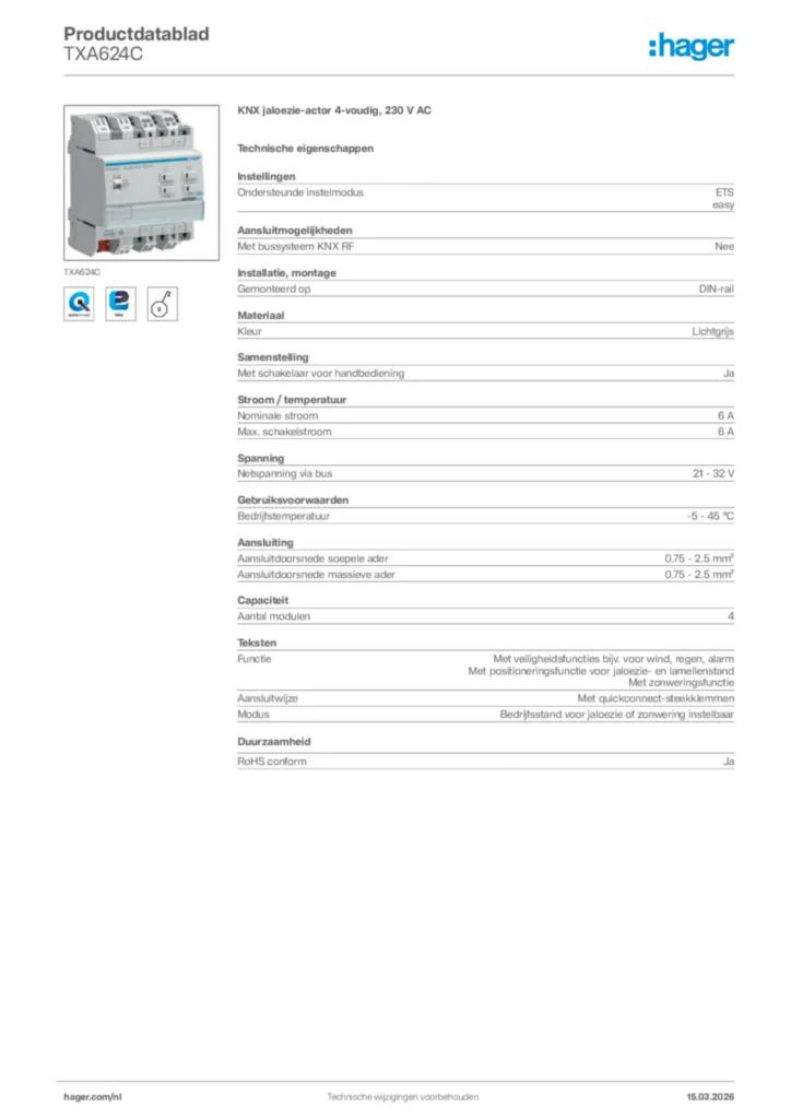 Afbeelding Hager Productdatablad TXA624C | Hager Nederland