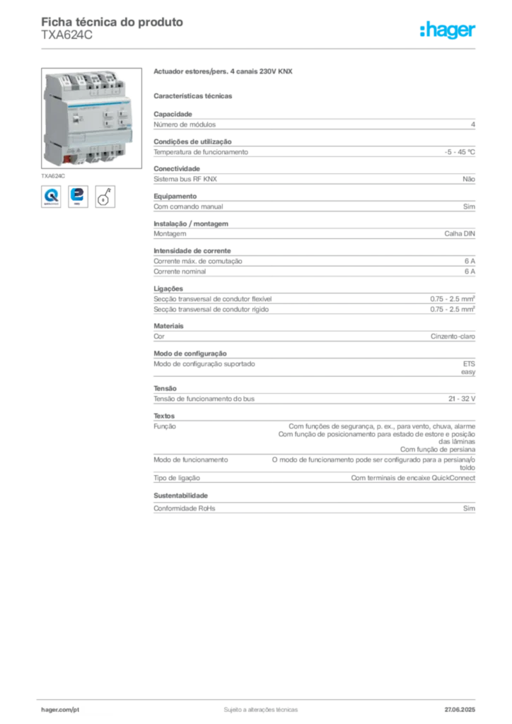 Imagem Hager Ficha técnica do produto TXA624C | Hager Portugal