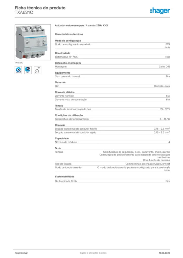 Imagem Hager Ficha técnica do produto TXA624C | Hager Portugal
