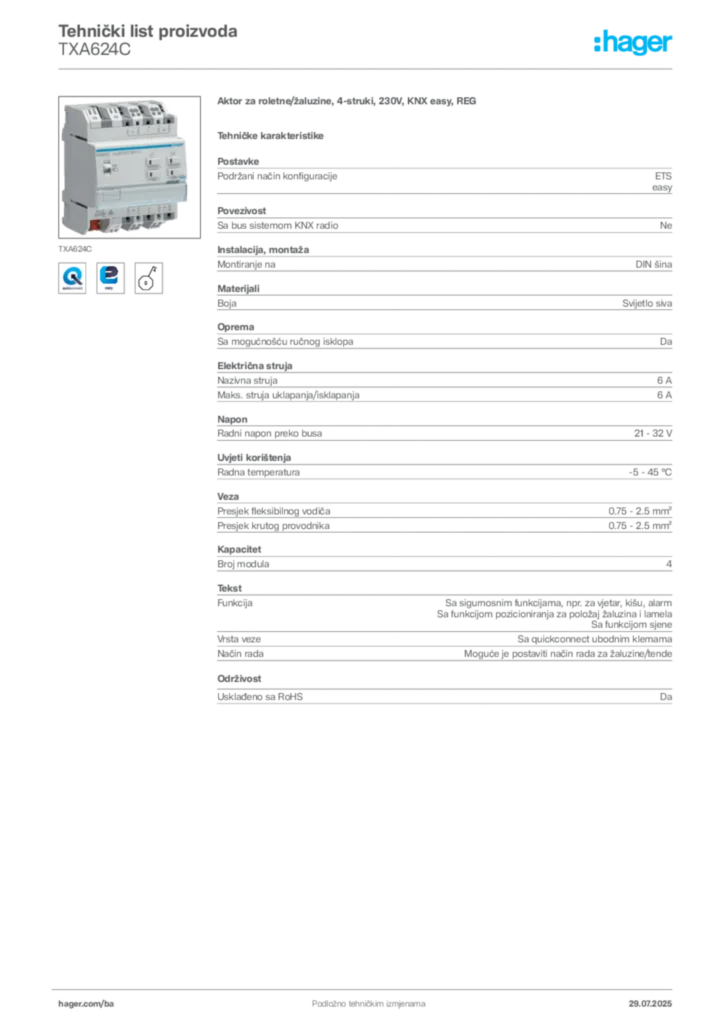 Slika Hager Product data sheet TXA624C  | Hager