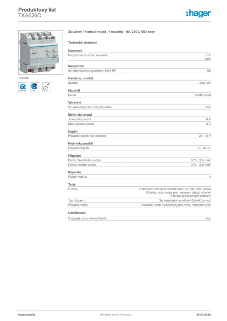 Obrázek Hager Product data sheet TXA624C | Hager