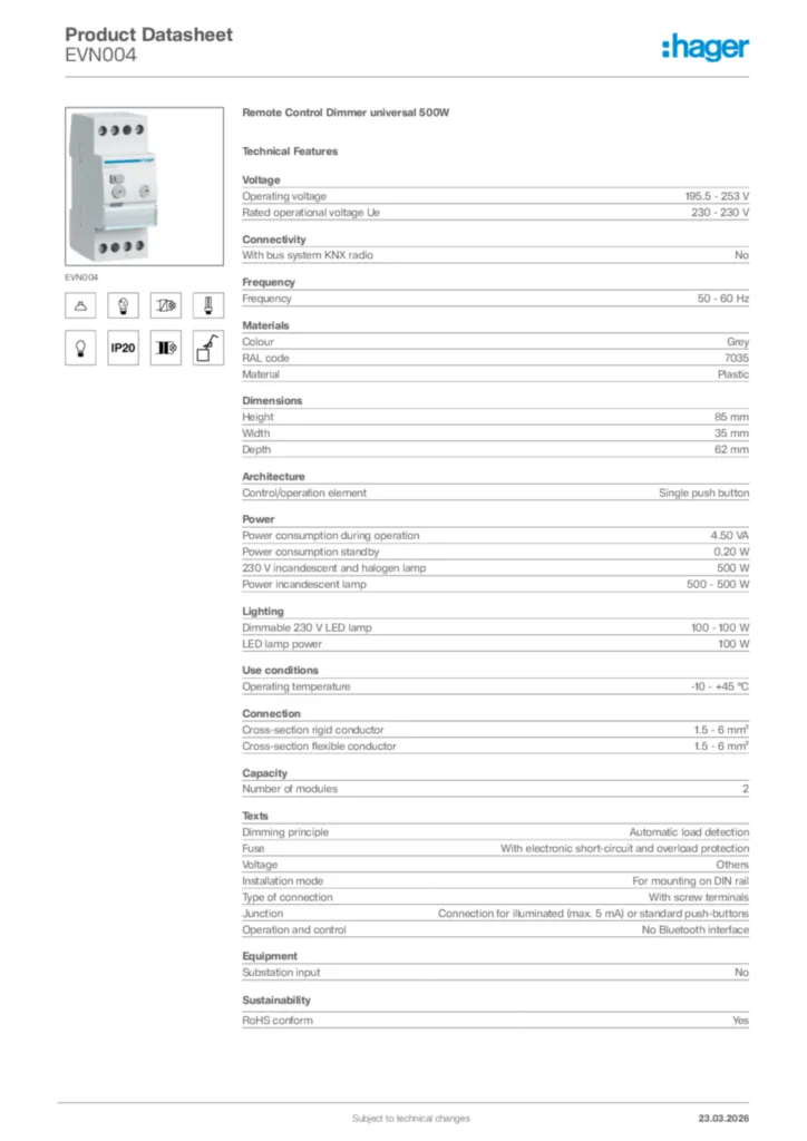 Image Hager Product data sheet EVN004  | Hager Africa