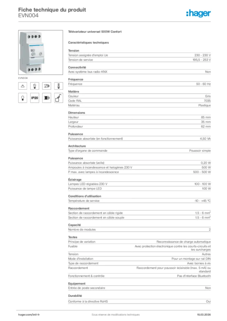 Image Hager Fiche technique du produit EVN004 | Hager Afrique