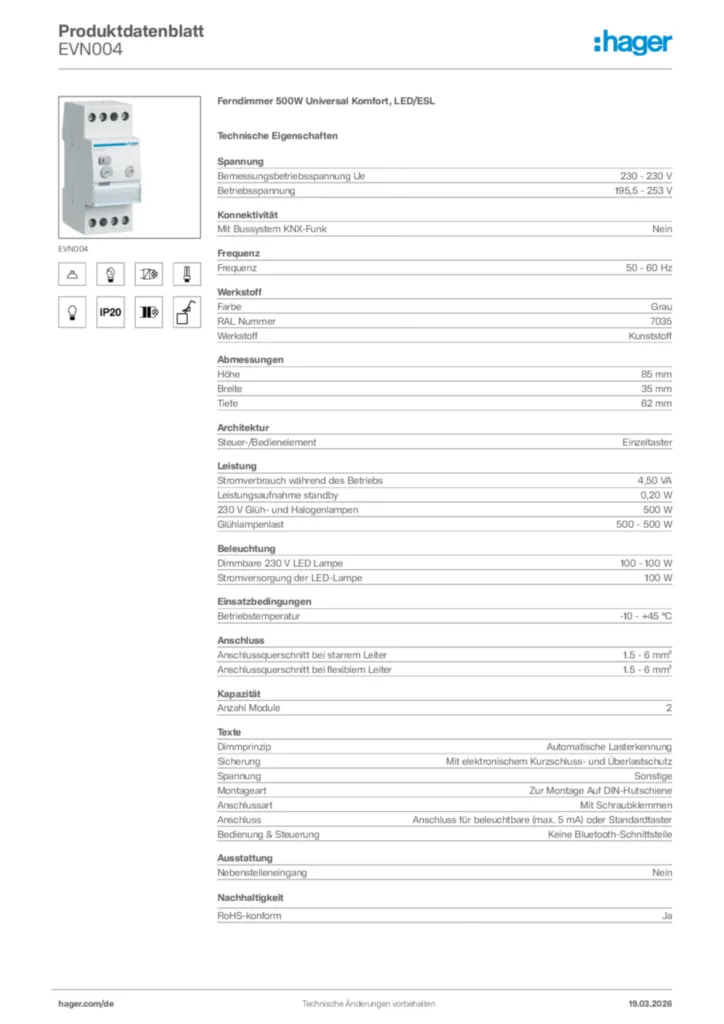 Bild Hager Produktdatenblatt EVN004 | Hager Deutschland