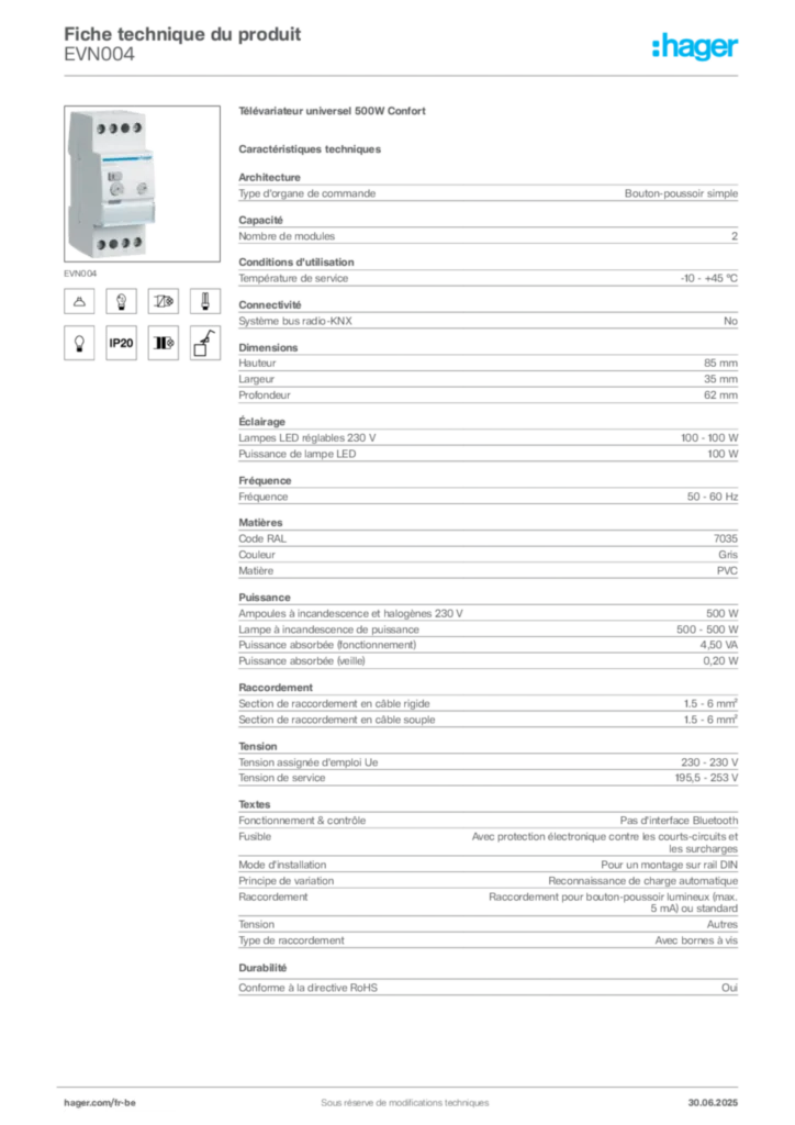 Image Hager Fiche technique du produit EVN004 | Hager Belgique