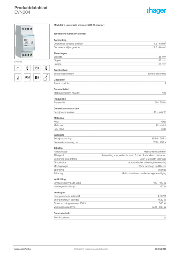 Afbeelding Hager Productdatablad EVN004 | Hager Belgium