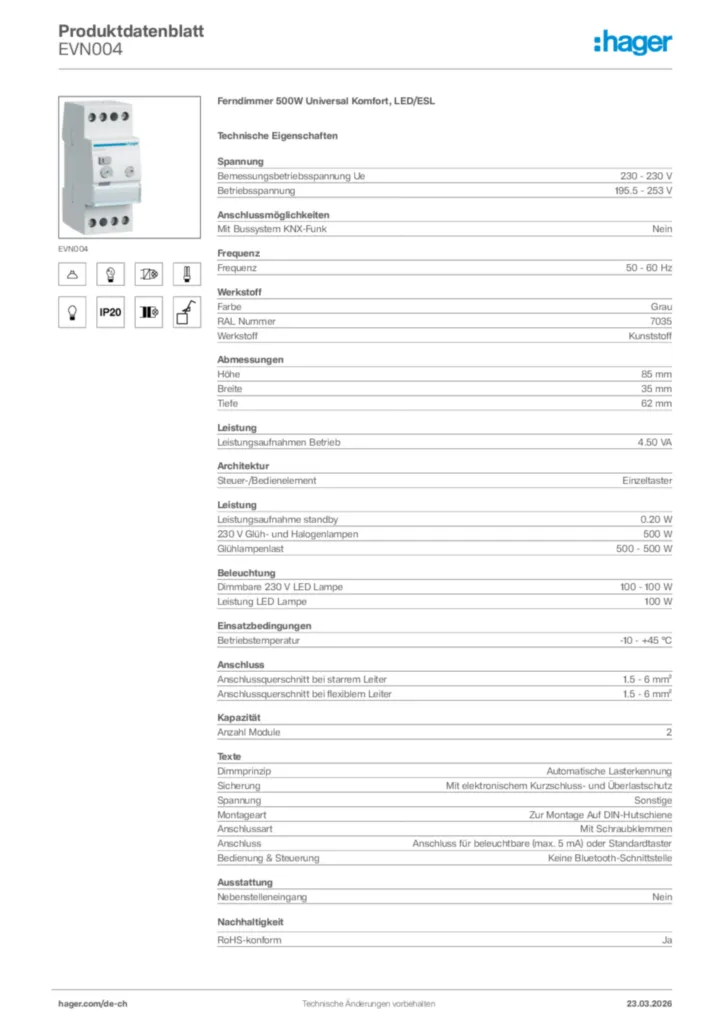 Bild Hager Produktdatenblatt EVN004 | Hager Schweiz