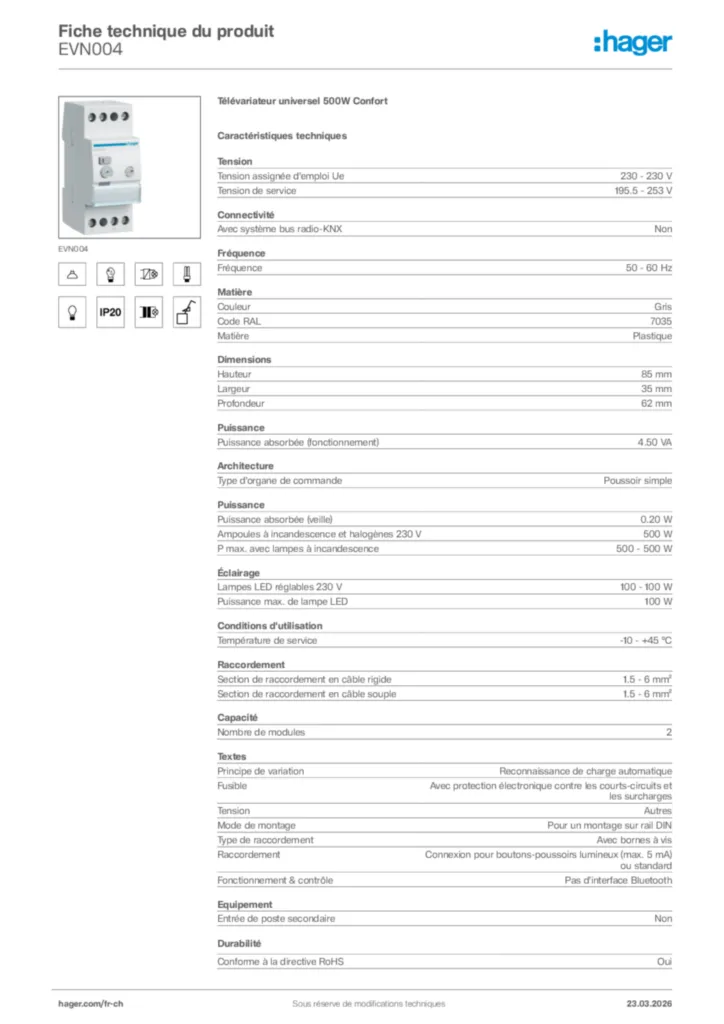 Image Hager Fiche technique du produit EVN004 | Hager Suisse