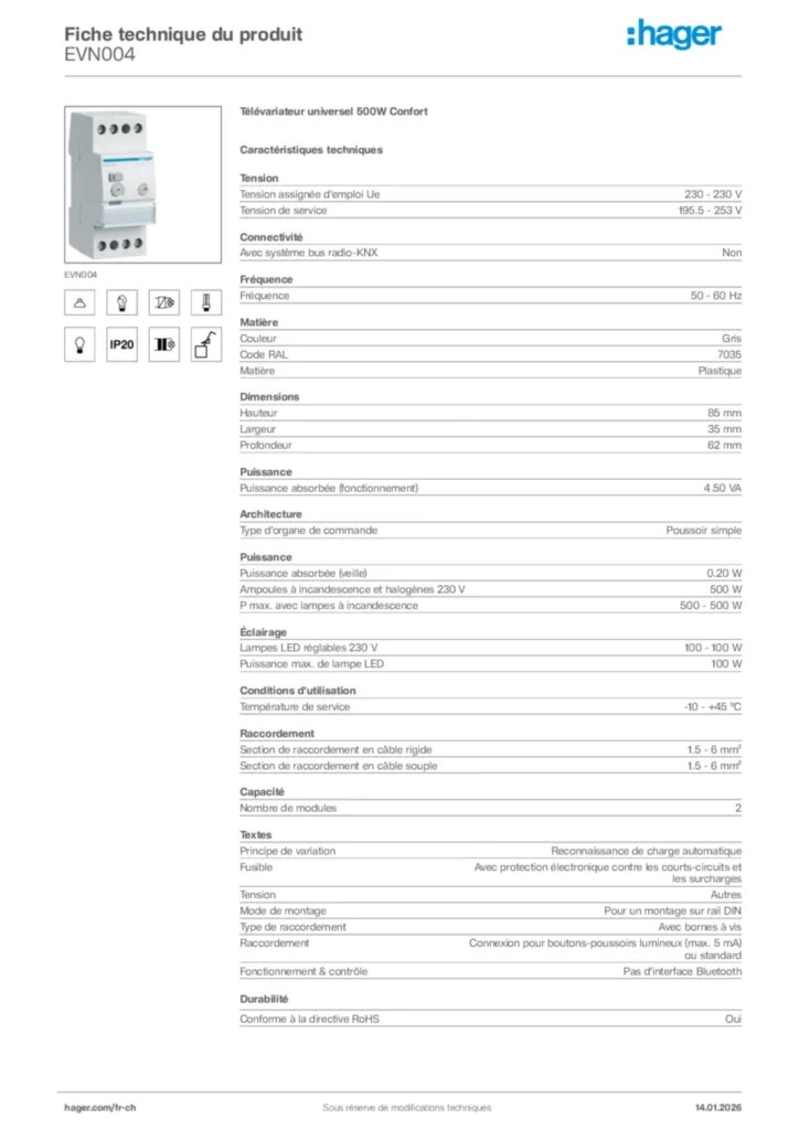 Image Hager Fiche technique du produit EVN004 | Hager Suisse