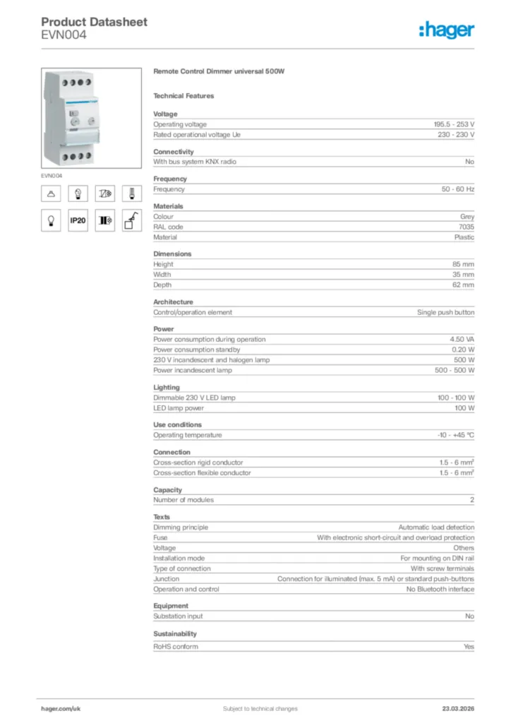 Image Hager Product data sheet EVN004  | Hager