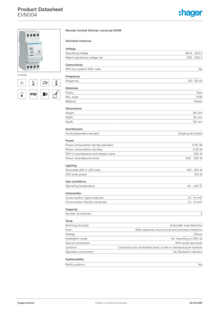 Image Hager Product data sheet EVN004  | Hager