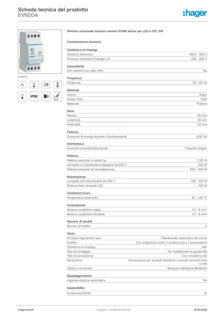 Immagine Hager Scheda tecnica del prodotto EVN004 | Hager Italia