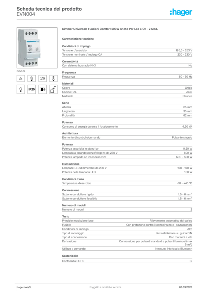 Immagine Hager Scheda tecnica del prodotto EVN004 | Hager Italia