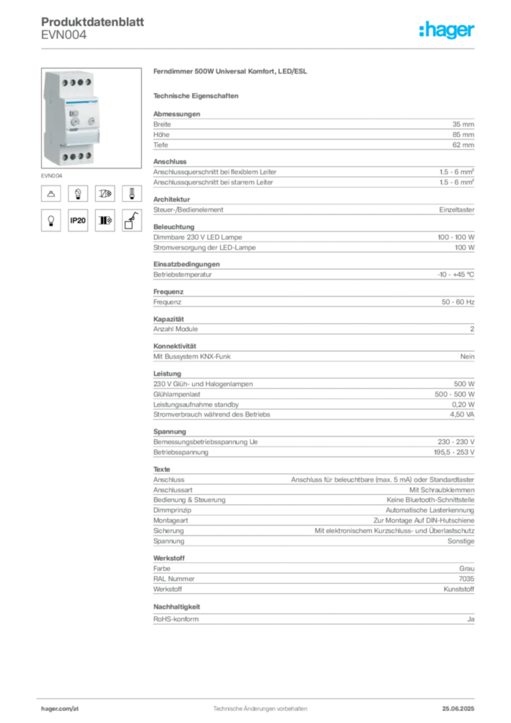 Bild Hager Produktdatenblatt EVN004 | Hager Deutschland