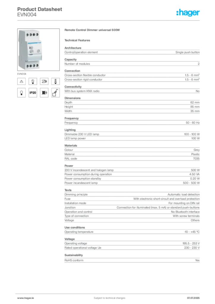 Image Hager Product data sheet EVN004  | Hager