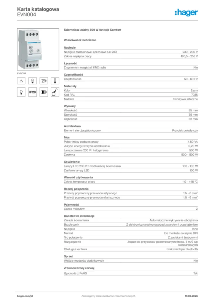 Zdjęcie Hager Karta katalogowa EVN004 | Hager Polska