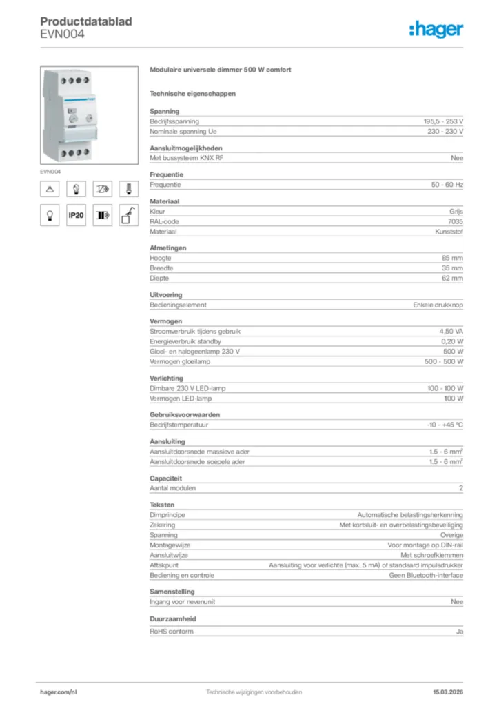 Afbeelding Hager Productdatablad EVN004 | Hager Nederland