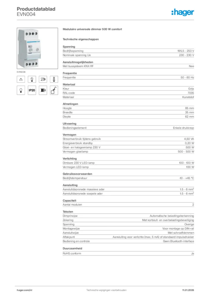 Afbeelding Hager Productdatablad EVN004 | Hager Nederland