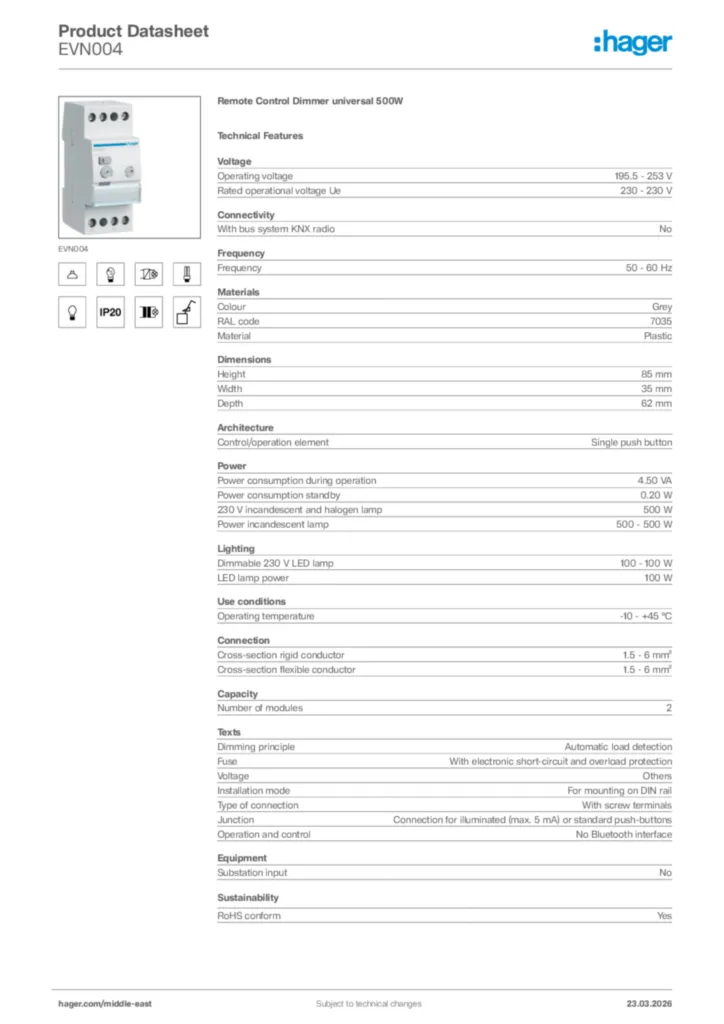 Image Hager Product data sheet EVN004  | Hager