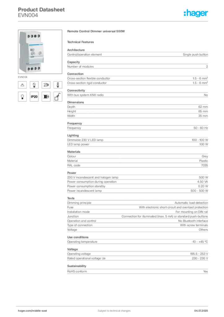 Image Hager Product data sheet EVN004  | Hager