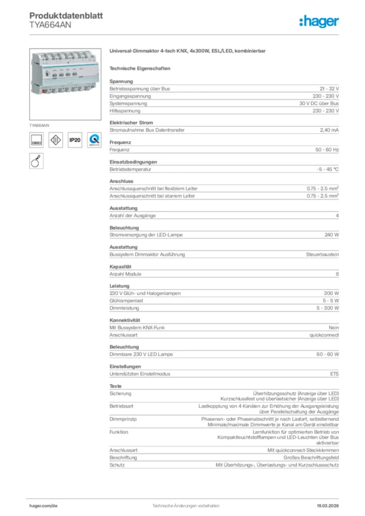 Bild Hager Produktdatenblatt TYA664AN | Hager Deutschland