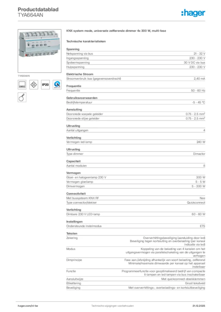 Afbeelding Hager Productdatablad TYA664AN | Hager Belgium