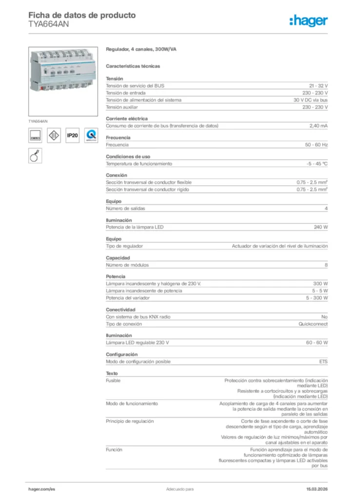 Imagen Hager Ficha de datos de producto TYA664AN | Hager España