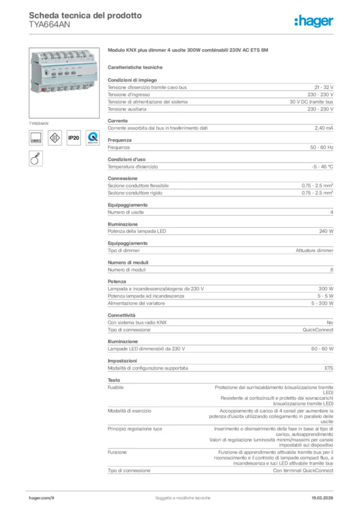 Immagine Hager Scheda tecnica del prodotto TYA664AN | Hager Italia