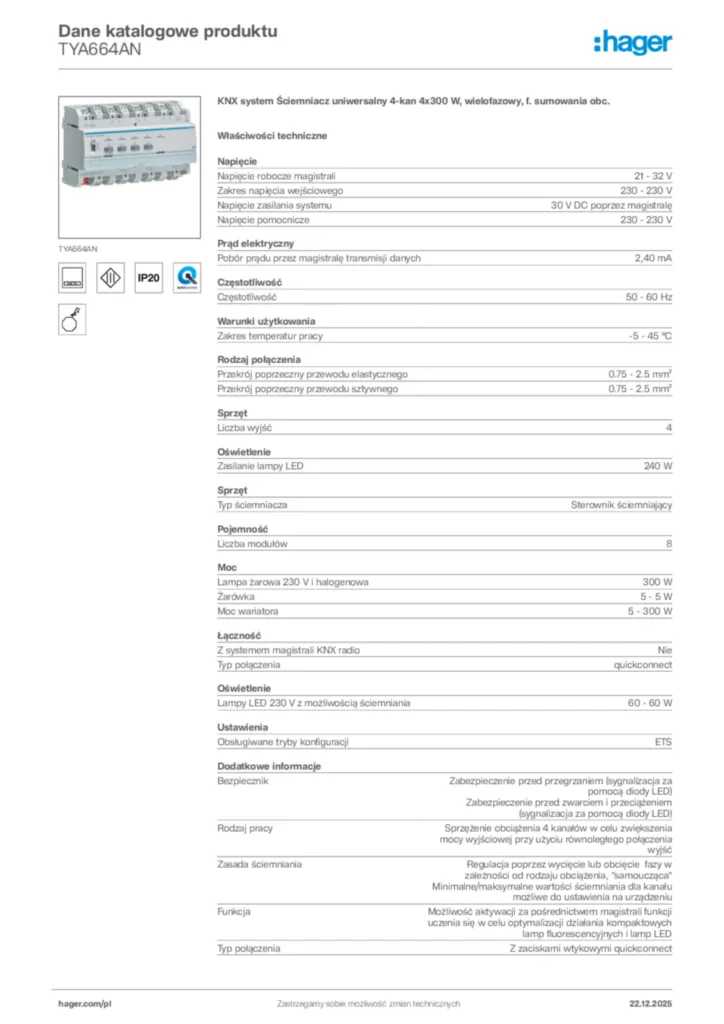 Zdjęcie Hager Dane katalogowe produktu TYA664AN | Hager Polska