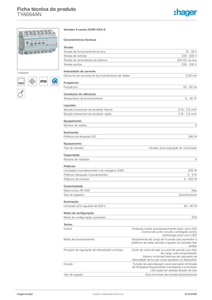 Imagem Hager Ficha técnica do produto TYA664AN | Hager Portugal