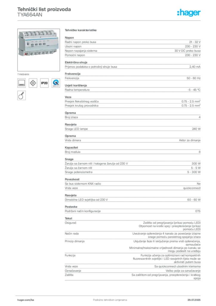 Slika Hager Product data sheet TYA664AN  | Hager