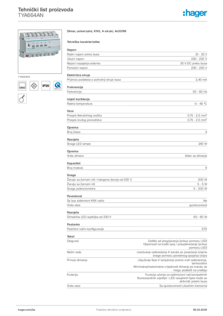 Slika Hager Tehnički list proizvoda TYA664AN  | Hager