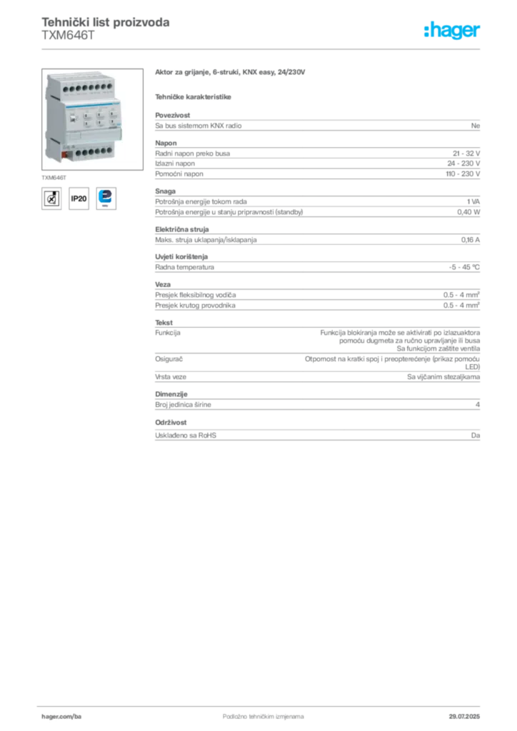 Slika Hager Product data sheet TXM646T  | Hager