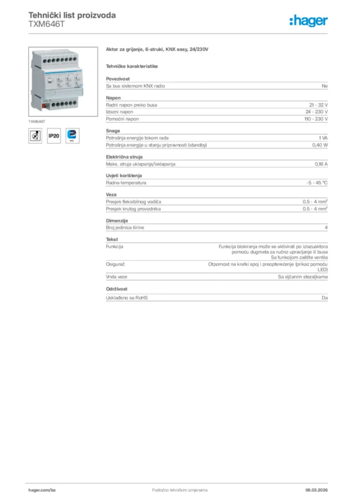 Slika Hager Tehnički list proizvoda TXM646T  | Hager