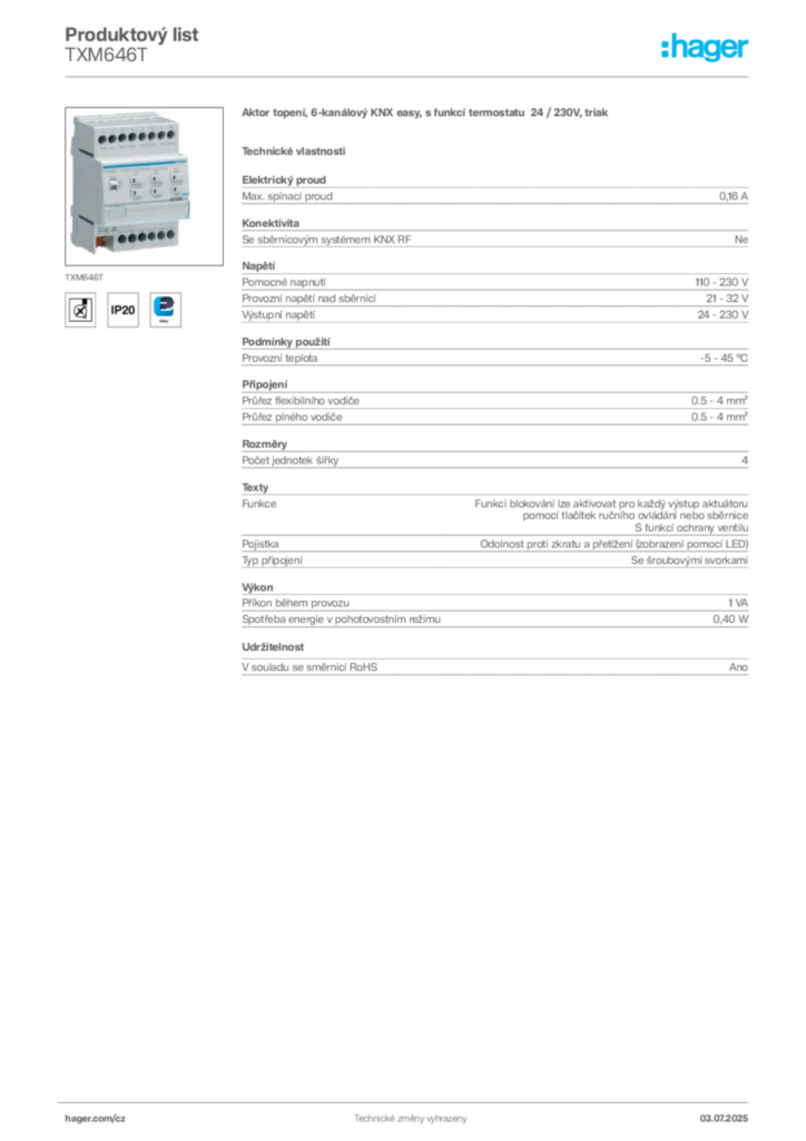 Obrázek Hager Produktový list TXM646T | Hager